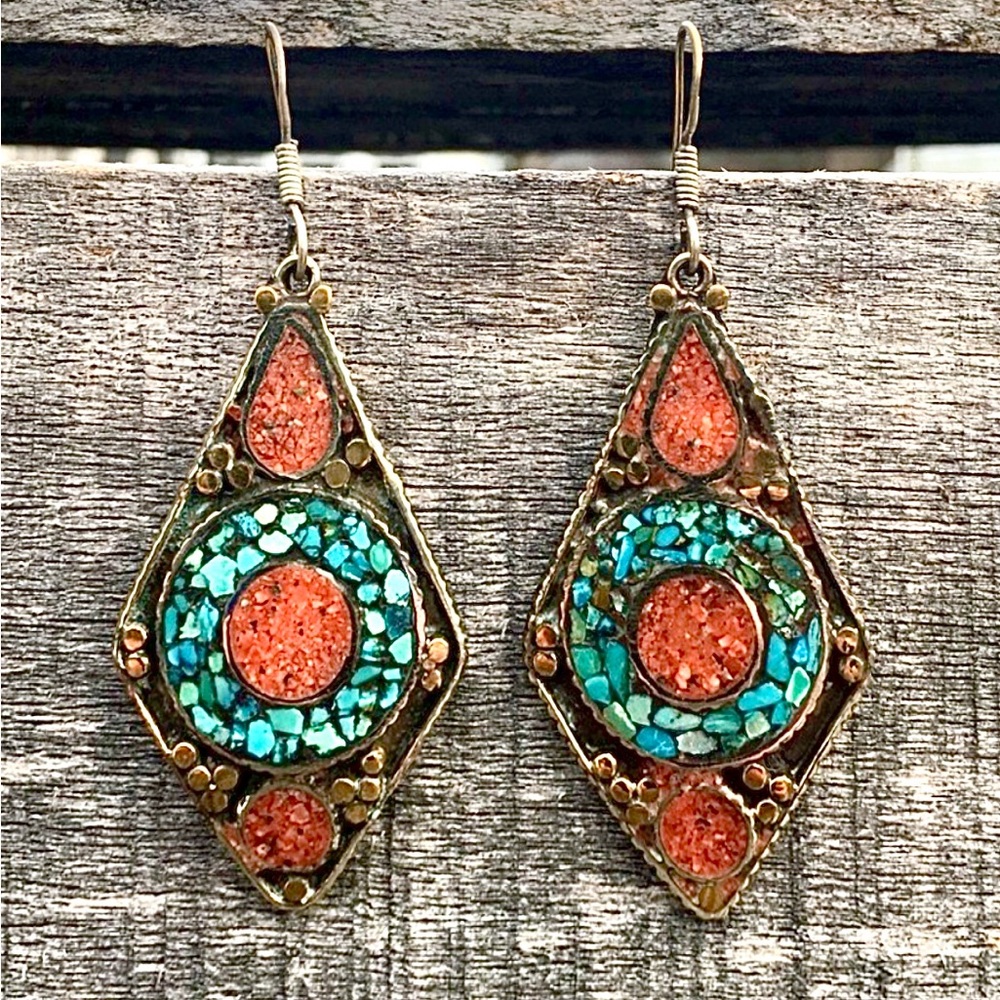 - Tibetan Turquoise & Coral Diamond Shaped Earrings! NEW!